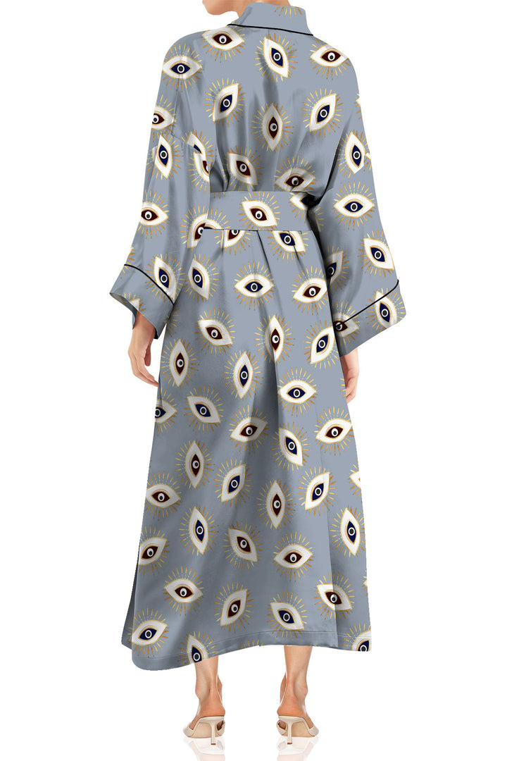 "Kyle X Shahida" "grey silk robe" "printed silk robe" "women's short kimono"