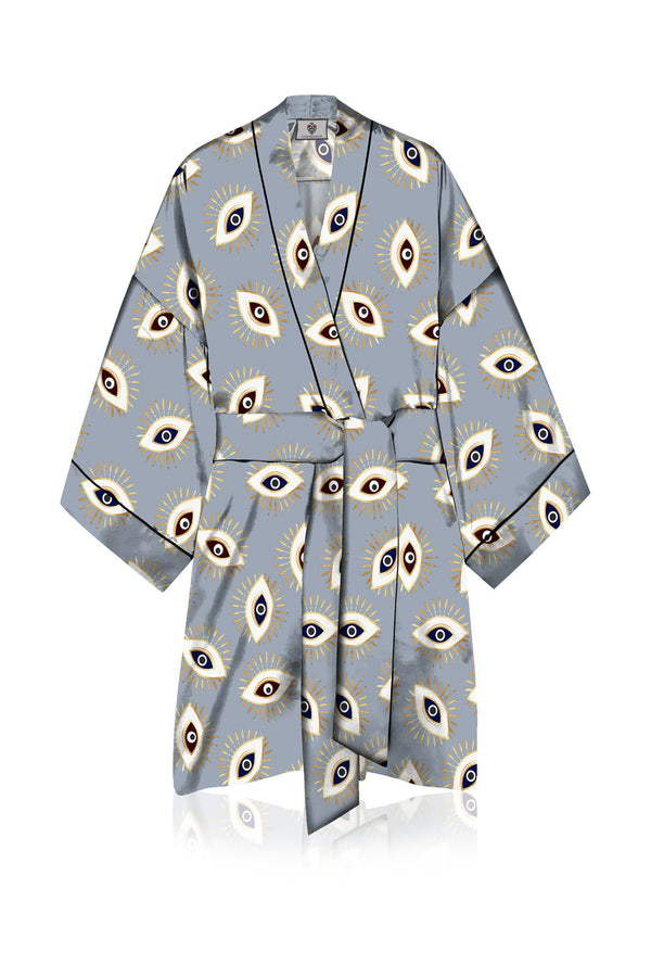 silk robes for women short, light grey robe, Kyle X Shahida, grey silk robe,