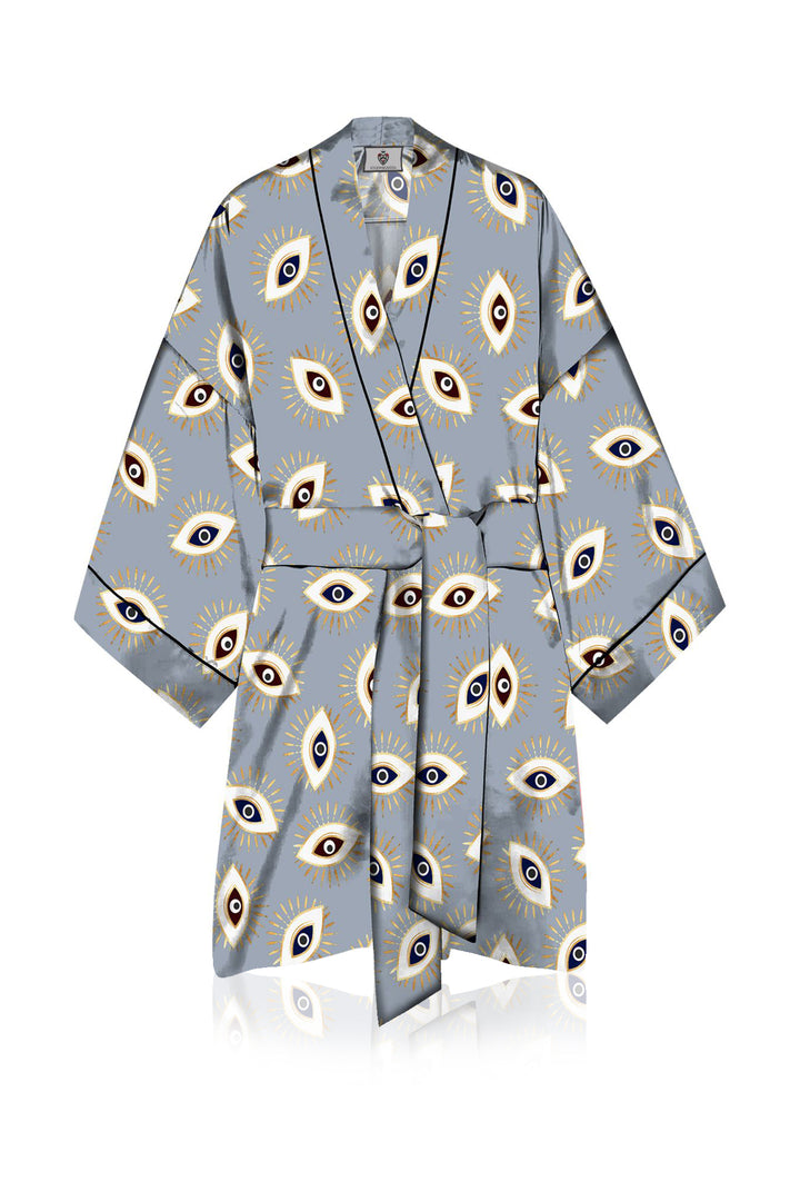 silk robes for women short, light grey robe, Kyle X Shahida, grey silk robe,