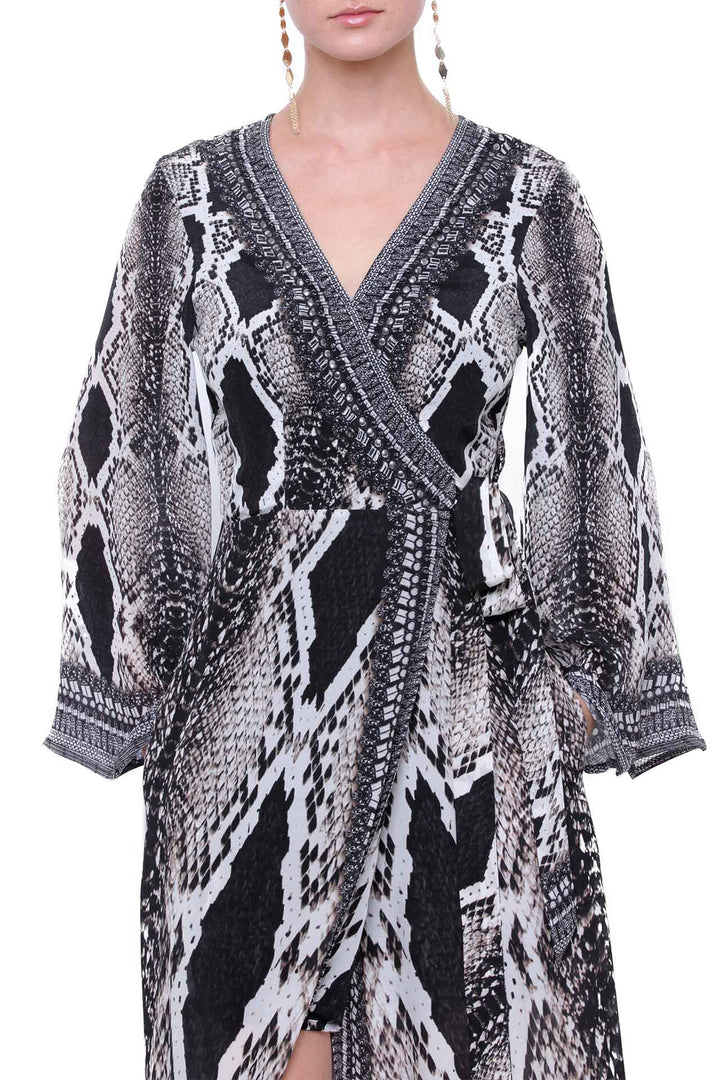 "maxi womens wrap dress"  "Kyle X Shahida" "snake print maxi dress" "long black wrap dress"