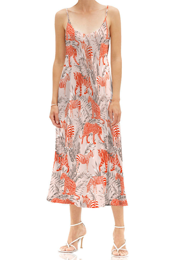 Zebra Print  Cami Slip Midi Dress in Orange