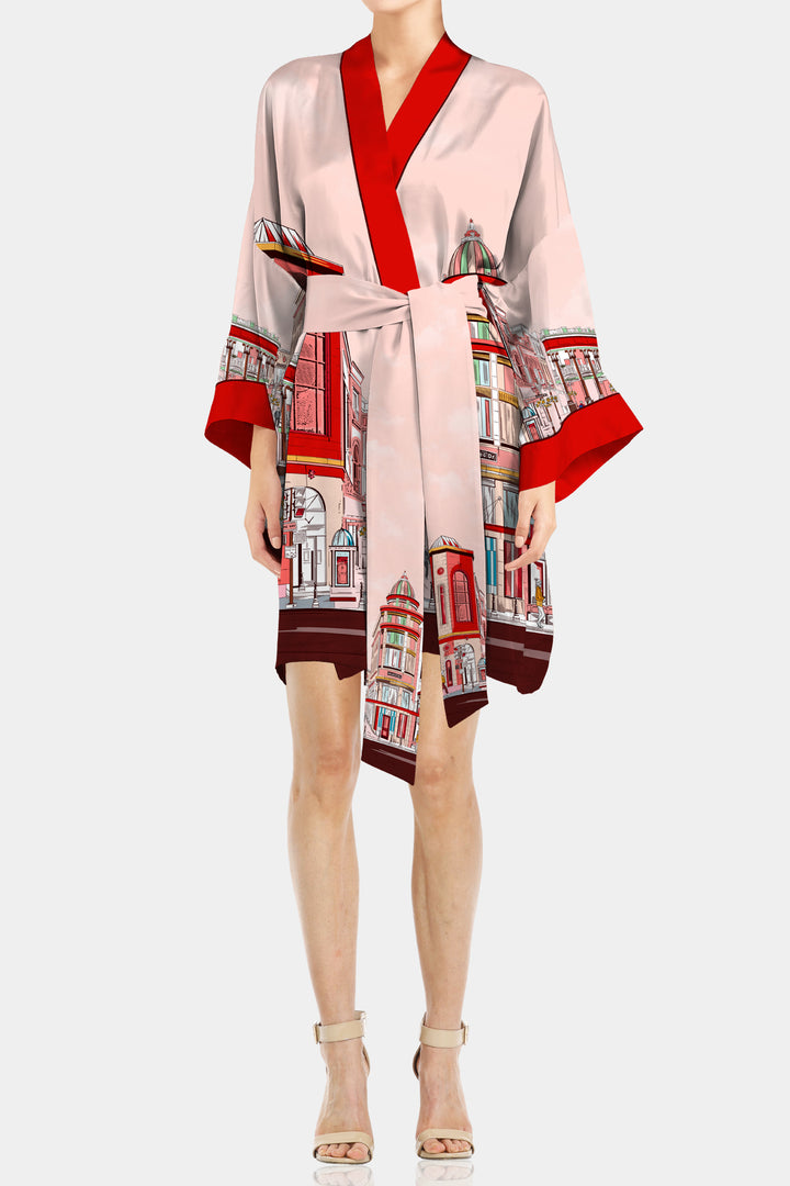 silk robes for women short, short silk kimono, red robe womens, Rodeo Drive Print, Kyle X Shahida,