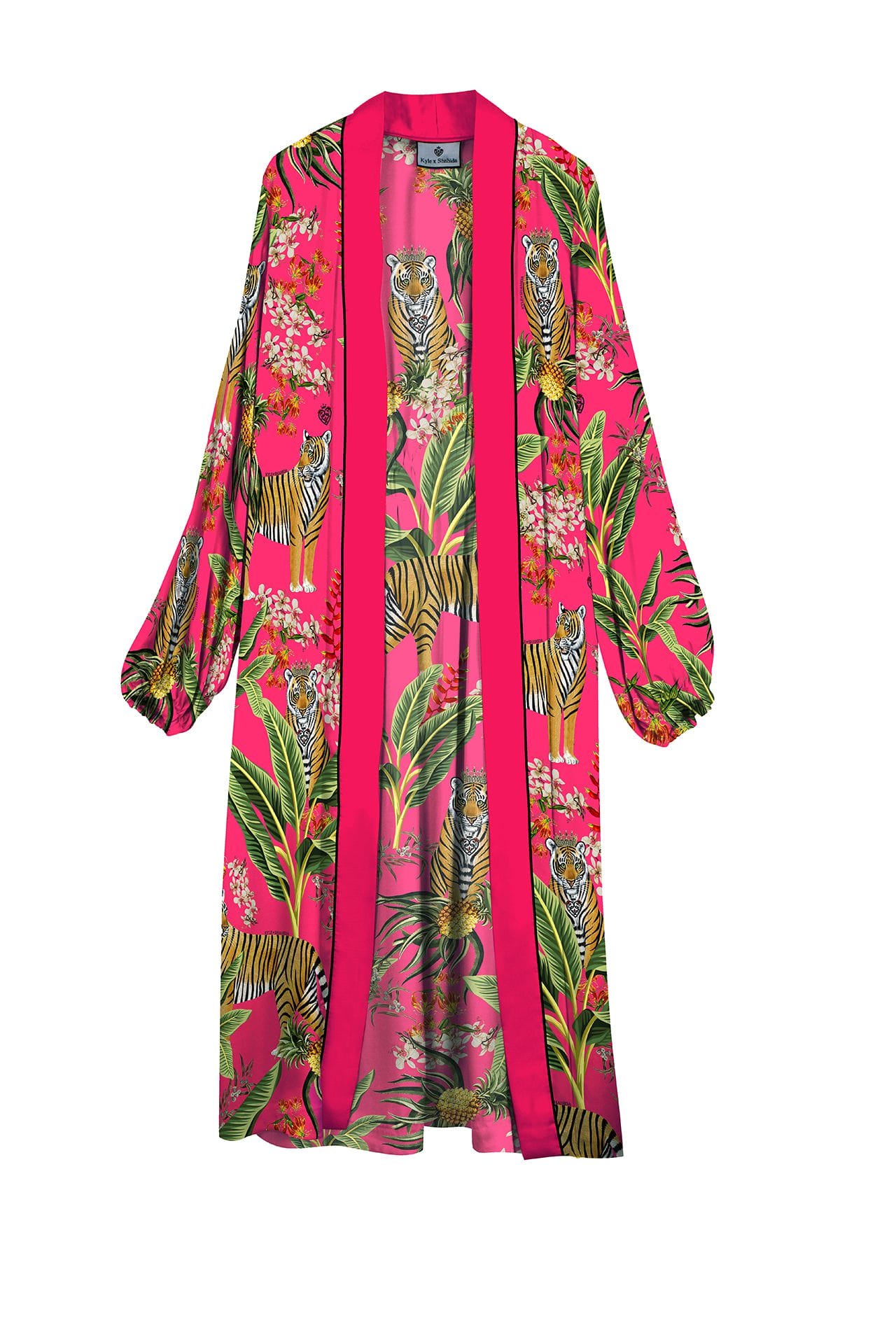  "long kimono robe womens" "Kyle X Shahida" "silk robes and kimonos" "printed silk robe" "hot pink robe silk"