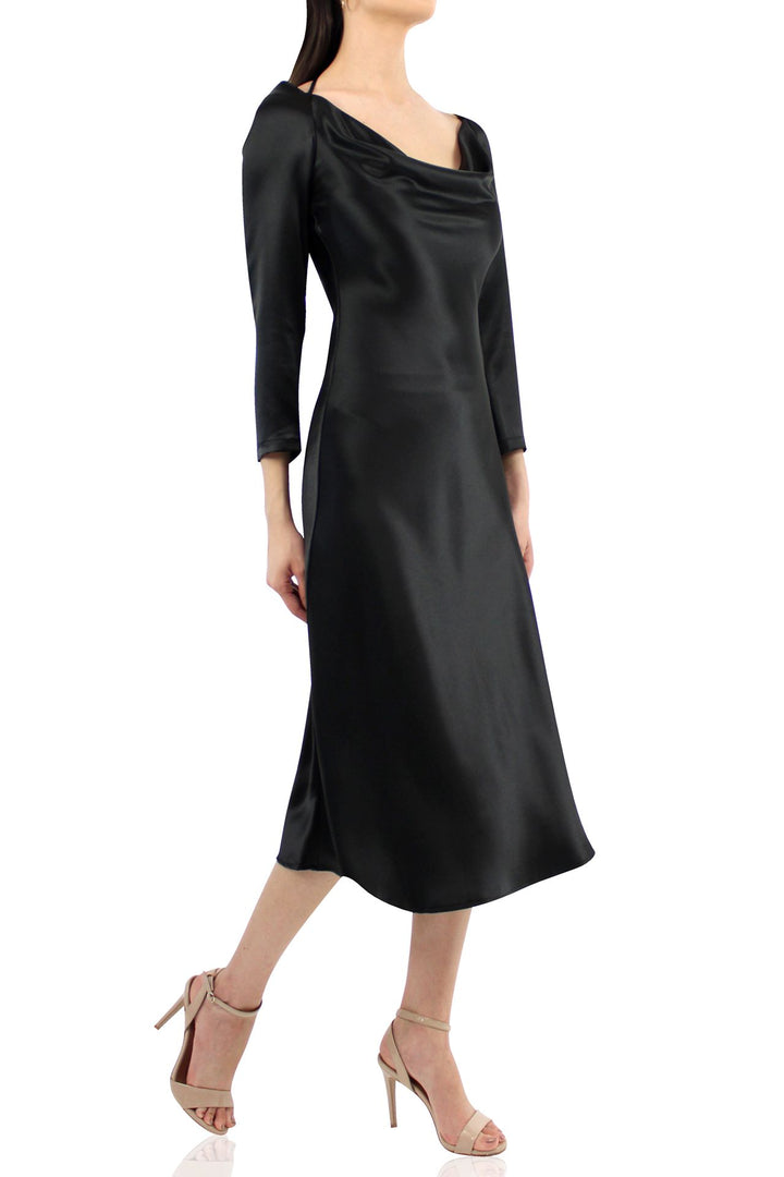 "Kyle X Shahida" "long sleeve dress" "black cowl neck dress" "black dress midi length"