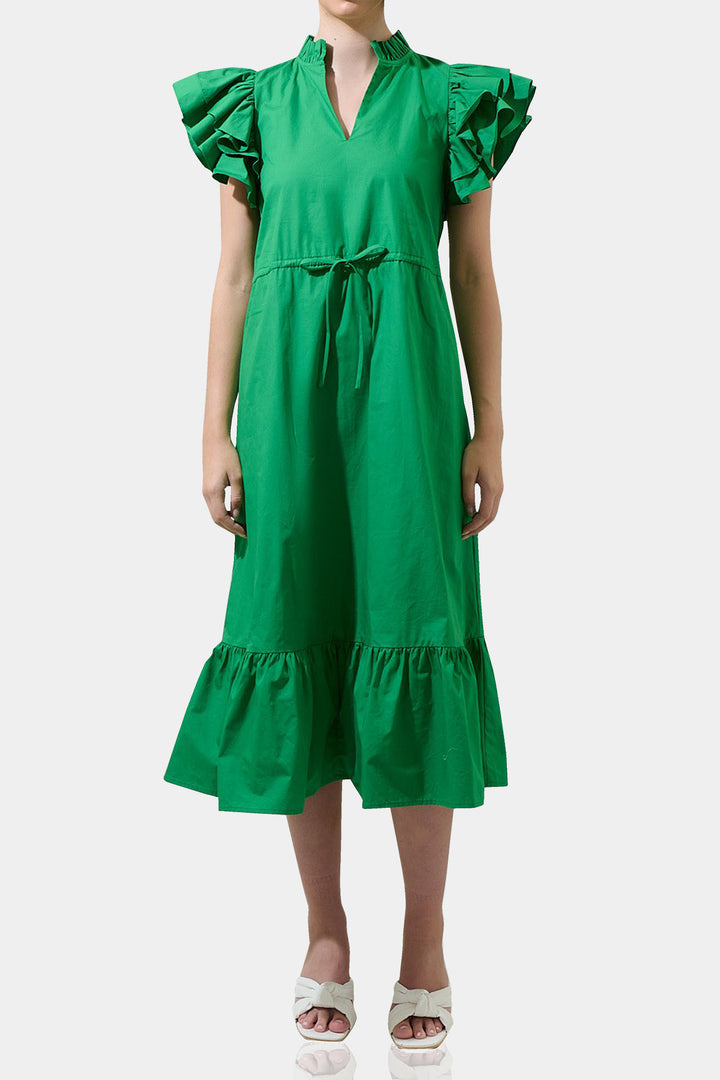 Kyle X Shahida,
Ruffle dress,
midi length dresses,
midi emerald green dress,