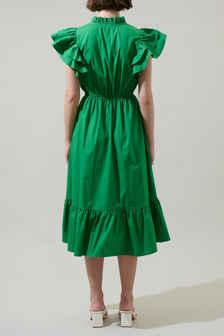 Kyle X Shahida,
ruffle dresses,
ladies midi summer dresses,
emerald midi dress,