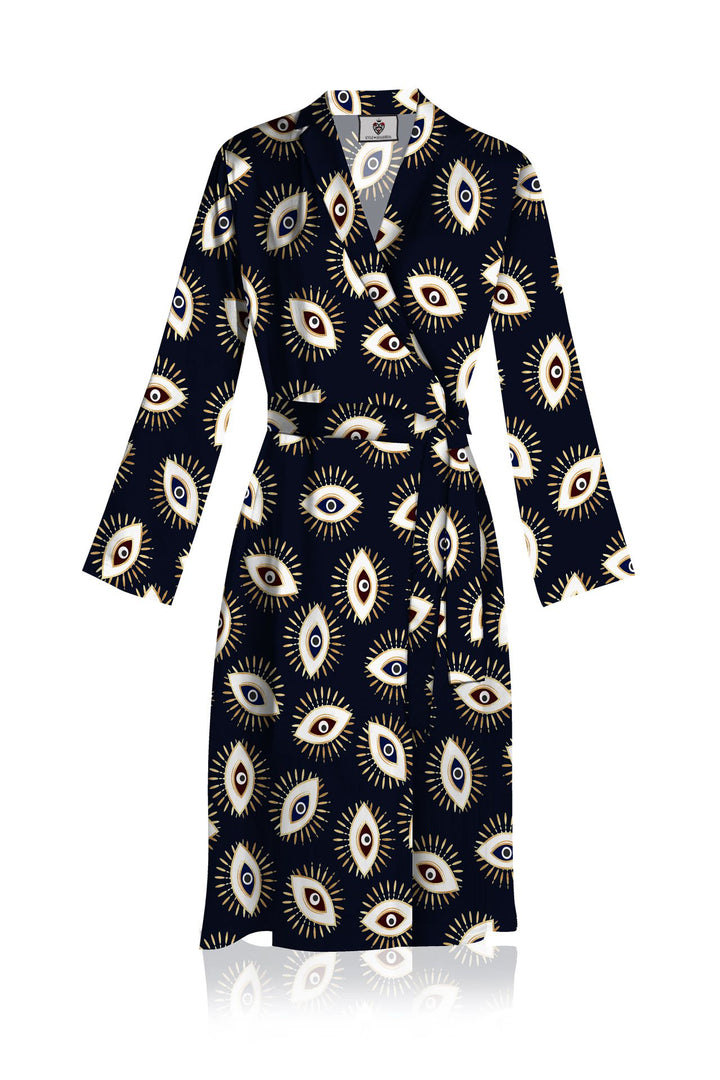 "summer wrap dress midi" "evil eye print" "Kyle X Shahida" "womens midi wrap dress"