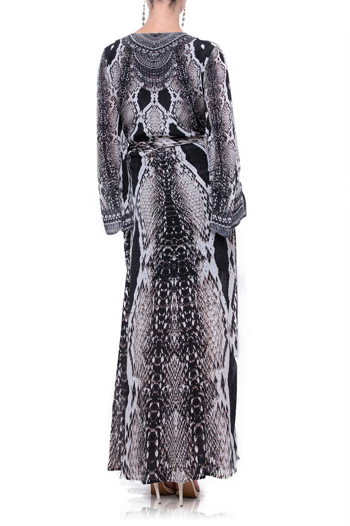 "long dress wrap" "maxi womens wrap dress" "Kyle X Shahida" "black snakeskin dress"