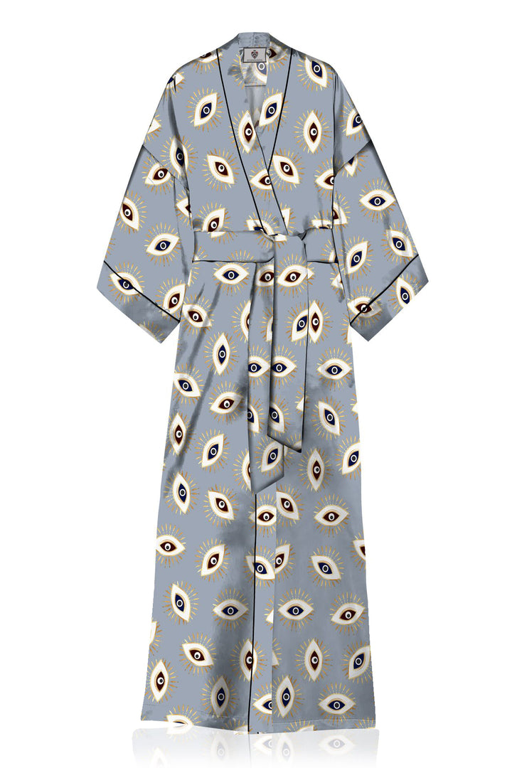 gray robe womenss, Kyle X Shahida, evil eye print dress, long silk kimono,