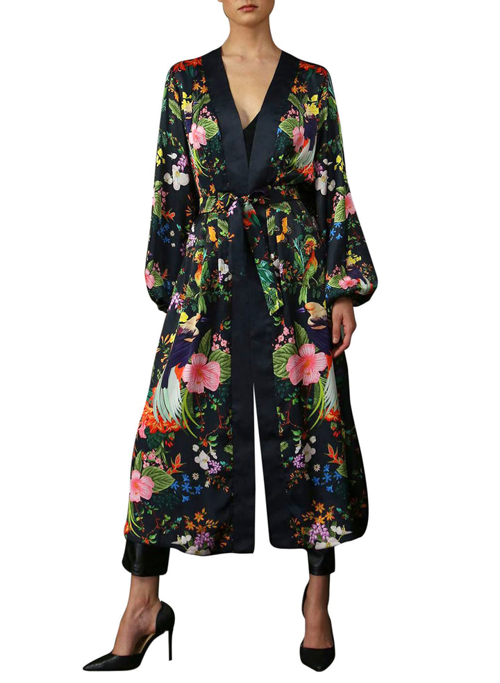 "silk kimono robe womens" "robe dress silk" "Kyle X Shahida" "printed silk robe" "silk kimono robe" "black silk kimono"