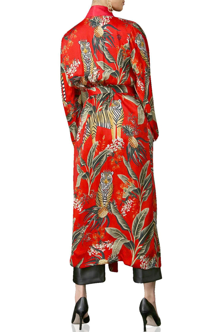 "silk kimono robe womens" "printed silk robe" "silk kimono womens" "Kyle X Shahida" "womens animal print robe"  "colorful kimono"