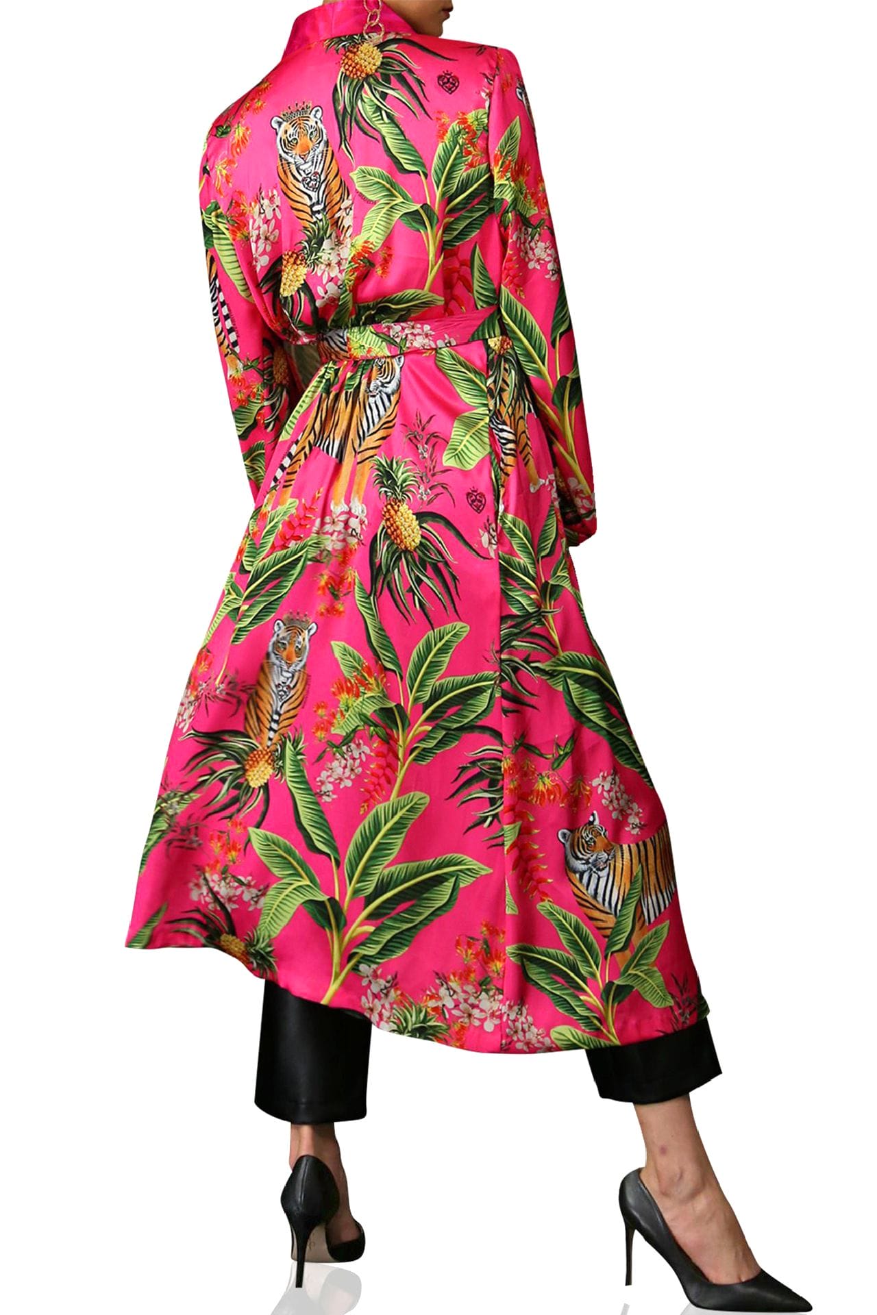 "womens long kimono robe" "printed silk robe" "silk kimono womens" "Kyle X Shahida" "pink silk robe"  "designer kimono"