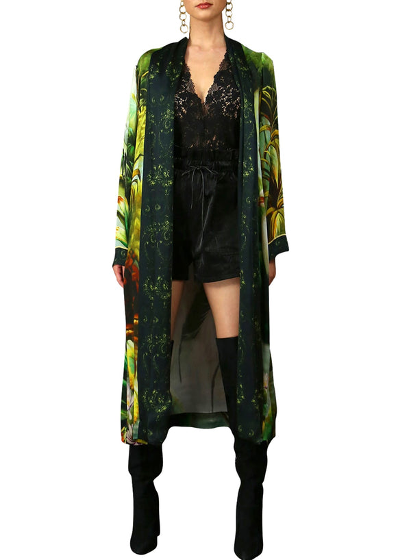 "silk robe blue"  "long silk kimono" "printed silk robe" "Kyle X Shahida" "long silk robe"