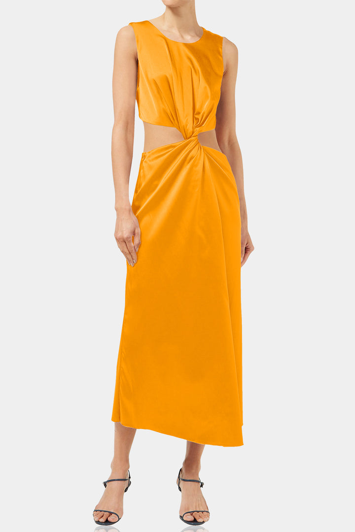 "Kyle X Shahida" "orange floor length dress" "satin knot dress" "side cut out maxi dress"