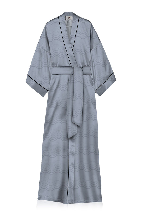 light grey robe, Kyle X Shahida, robe silk kimono, long silk kimono,