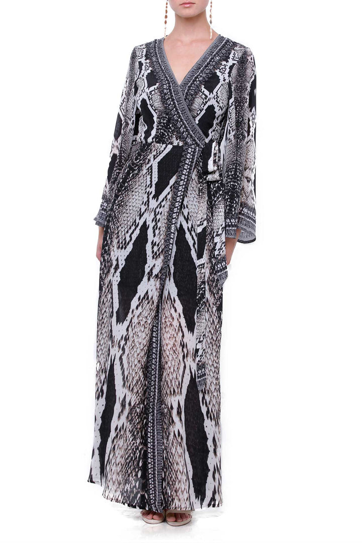 "floor length wrap dress" "plus size snake print dress" "wrap maxi dress" "Kyle X Shahida"