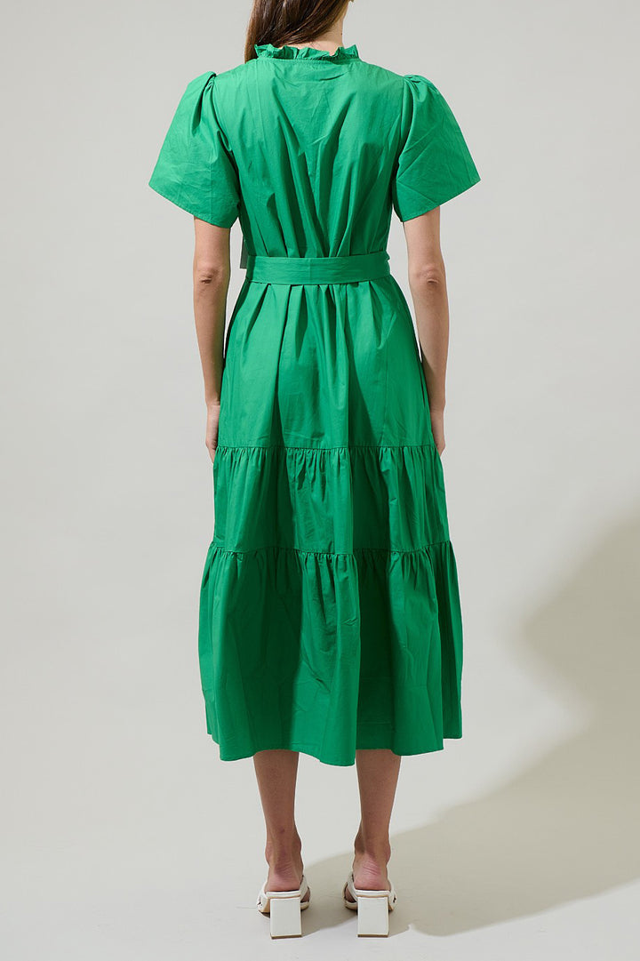 Kyle X Shahida,
midi tiered dress,
emerald green dress,
cute midi dress,