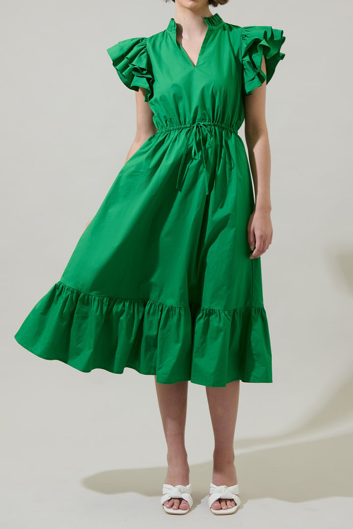 dark green dress midi,
casual midi dresses for women,
ruffle midi dress,
Kyle X Shahida,