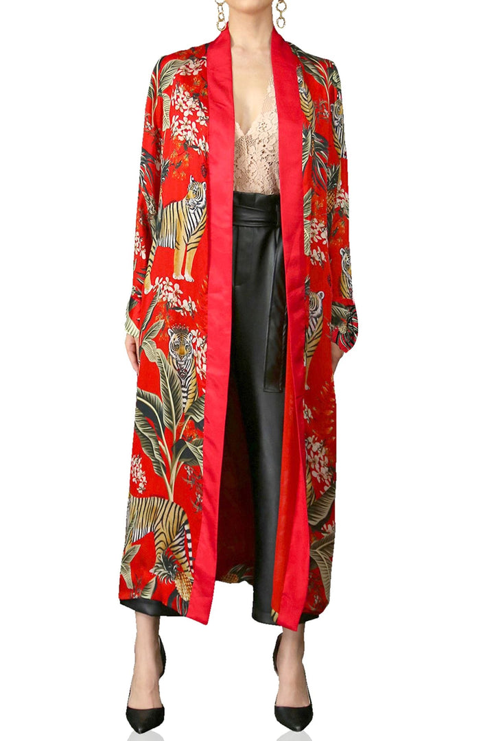 "Kyle X Shahida" "silk kimono womens" "animal print robe" "robe silk kimono" "belted kimono"