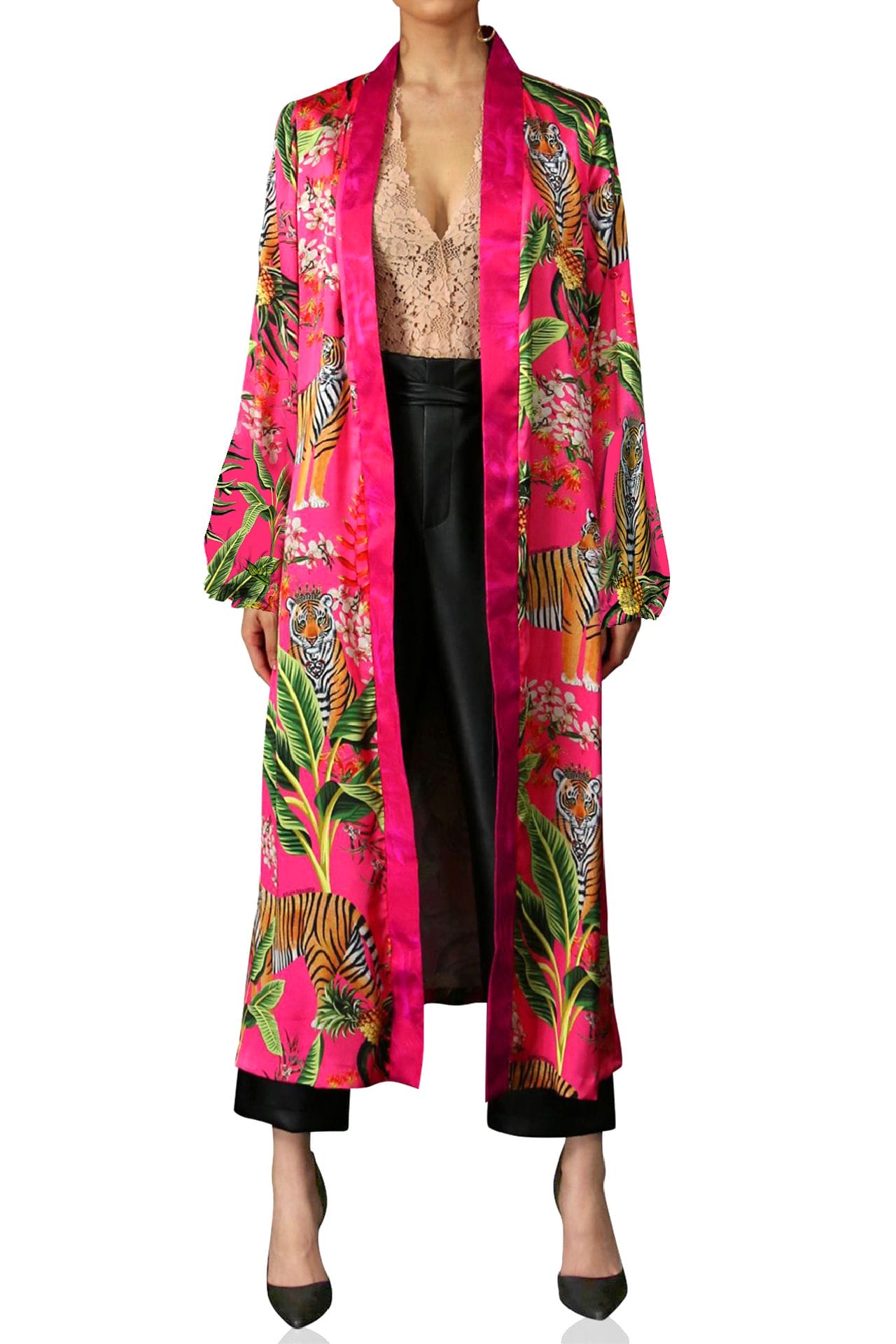 "Kyle X Shahida" "silk kimono robe womens" "long kimono silk robe" "belted kimono" "pink silk robe"