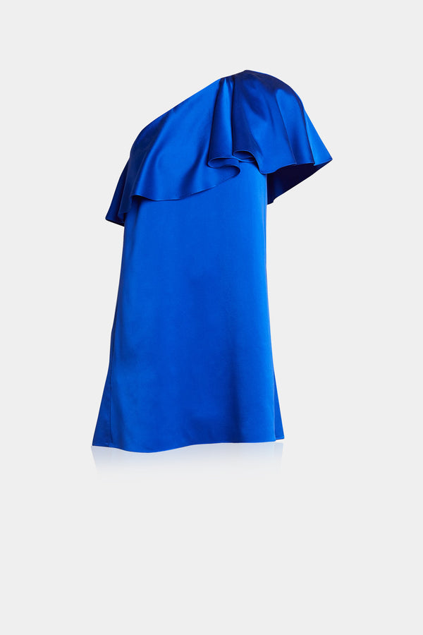 "blue satin mini dress" "Kyle X Shahida" "one shoulder ruffle dress" "short evening dresses"