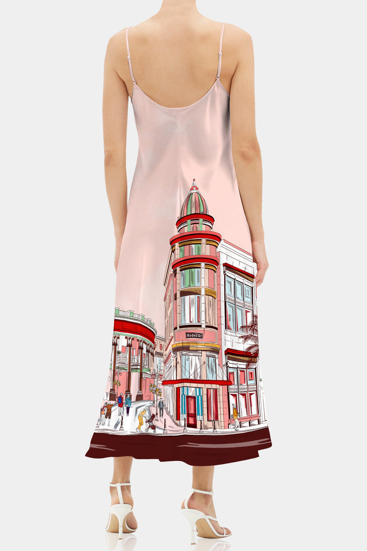 Rodeo Drive Print, red designer dress, cami slip dress midi, camisole midi dress, Kyle X Shahida,