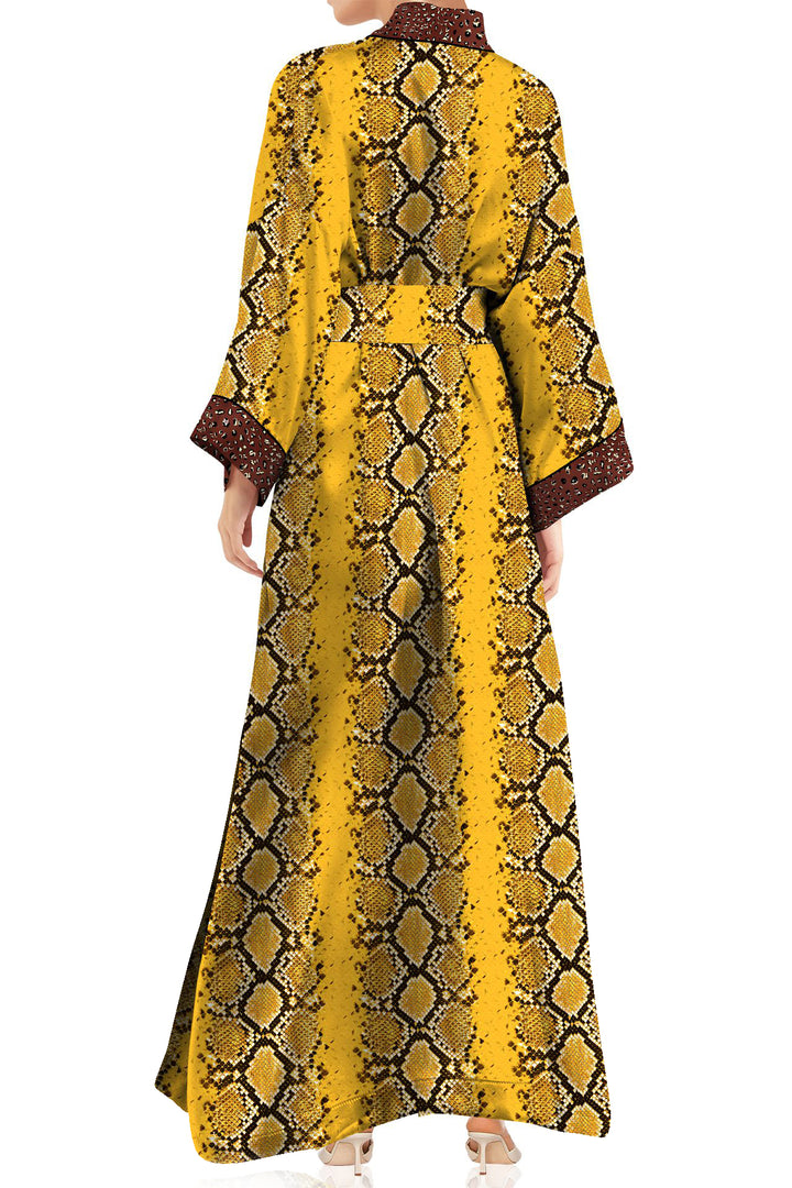 Kyle X Shahida,
woman in silk robe,
womens long kimono robe,
printed silk robe,