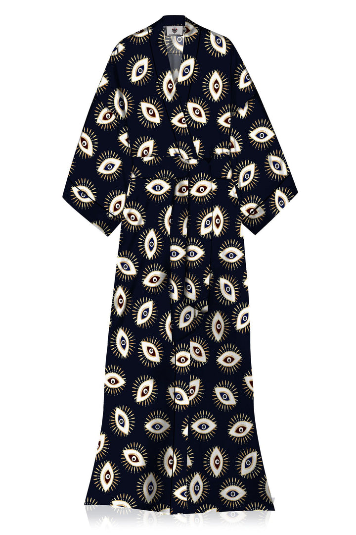 "silk robes and kimonos"  "Kyle X Shahida" "evil eye print dress" "long silk kimono"