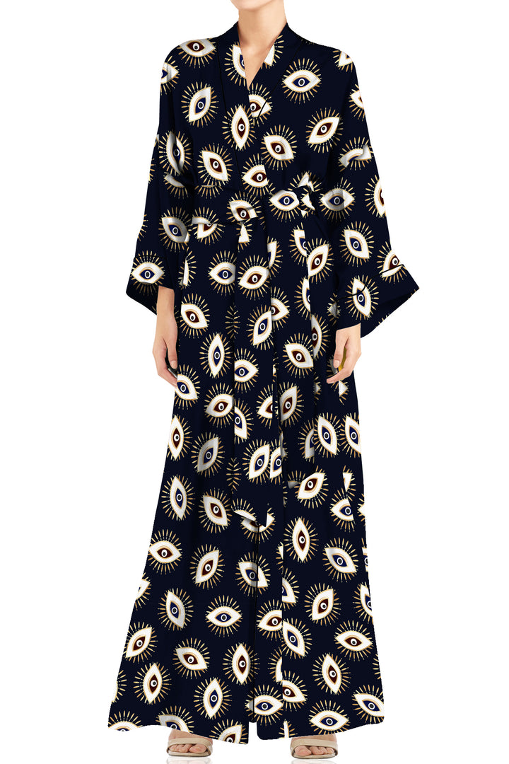 silk robes and kimonos, Kyle X Shahida, evil eye print dress, long silk kimono,