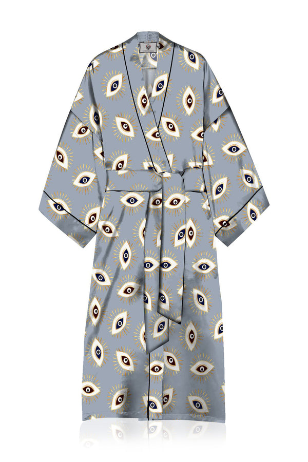 "printed robes womens" "Kyle X Shahida" "silk robes for women short" "light grey robe"