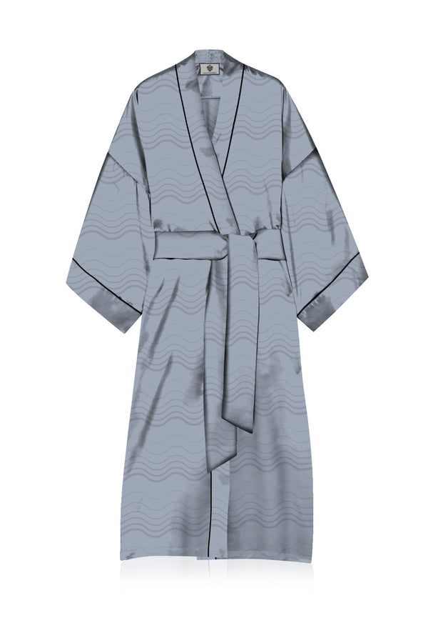 "womens gray robe" "printed silk robe" "plus size short kimono" "Kyle X Shahida"