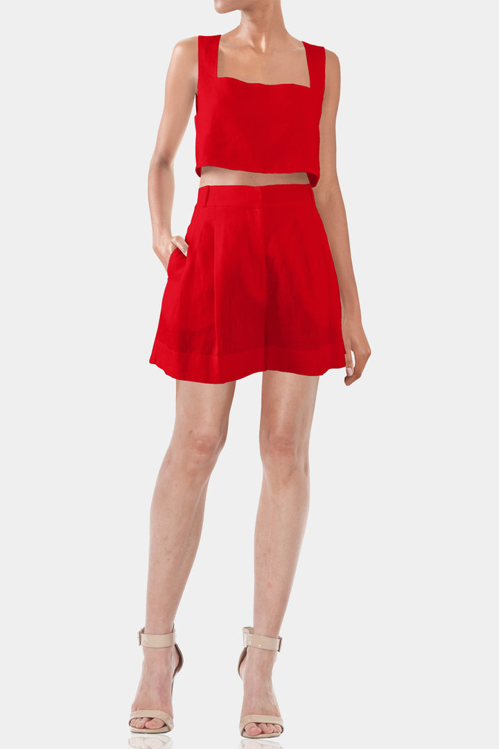 Kyle X Shahida,
red silk shorts,
red mini shorts,
red flowy shorts,