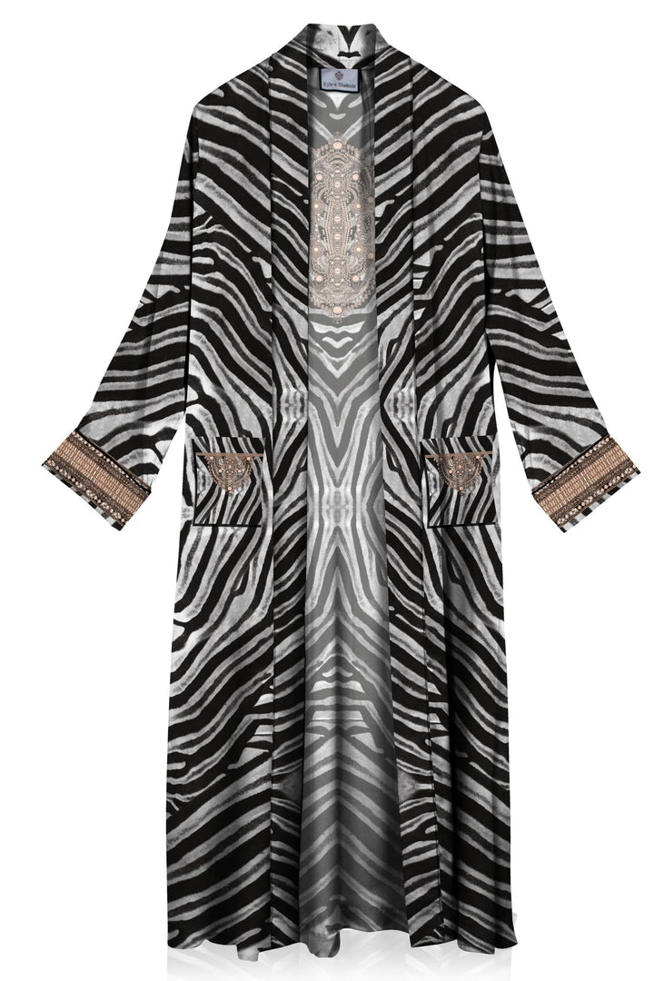 "zebra silk robe" "womens long kimono robe" "long kimono silk robe" "Kyle X Shahida"