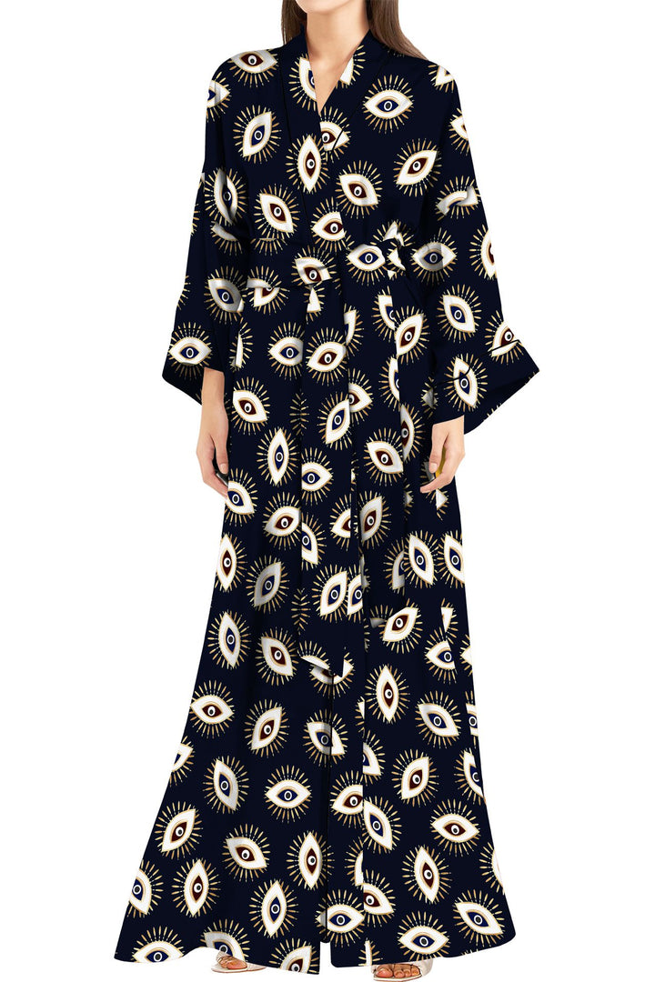 "silk kimono robe womens" "evil eye outfit" "washable silk robe" "Kyle X Shahida"