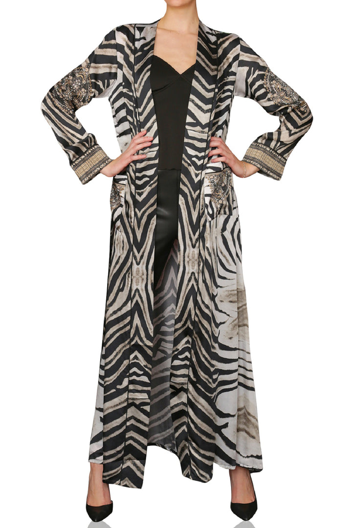 "zebra print dressing gown" "womens long silk robe" "womens long kimono robe" "Kyle X Shahida" 