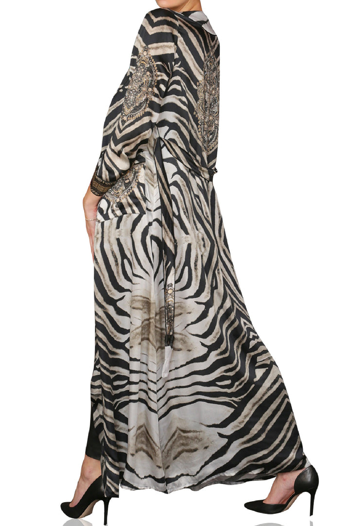 "womens zebra robe" "washable silk robe" "kimono silk robe women's" "Kyle X Shahida"