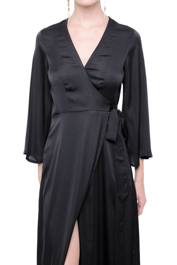 "black wrap dress women" "long black wrap dress" "Kyle X Shahida" "black wrap over dress"