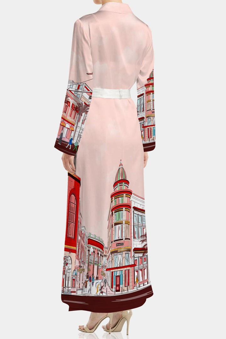 woman in silk robe,
washable silk robe,
Rodeo Drive Print, red long robe,