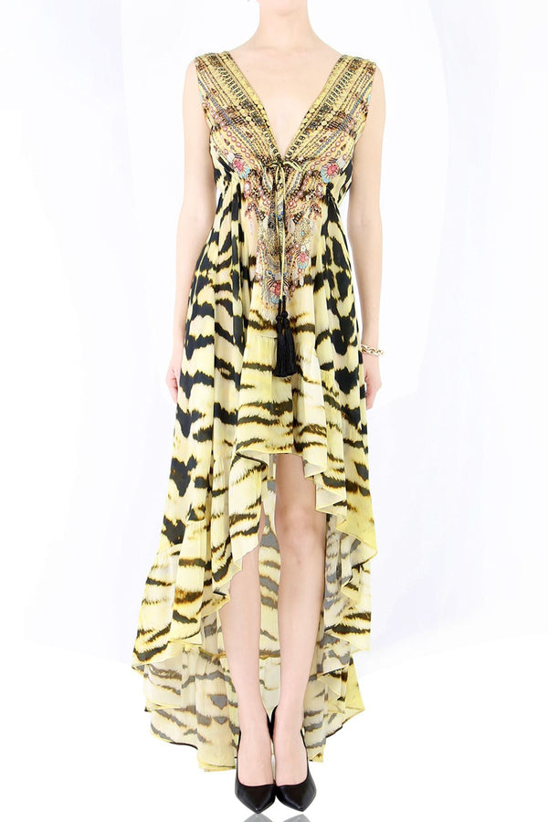 V-Neck Hi-Low Maxi -Tiger Print