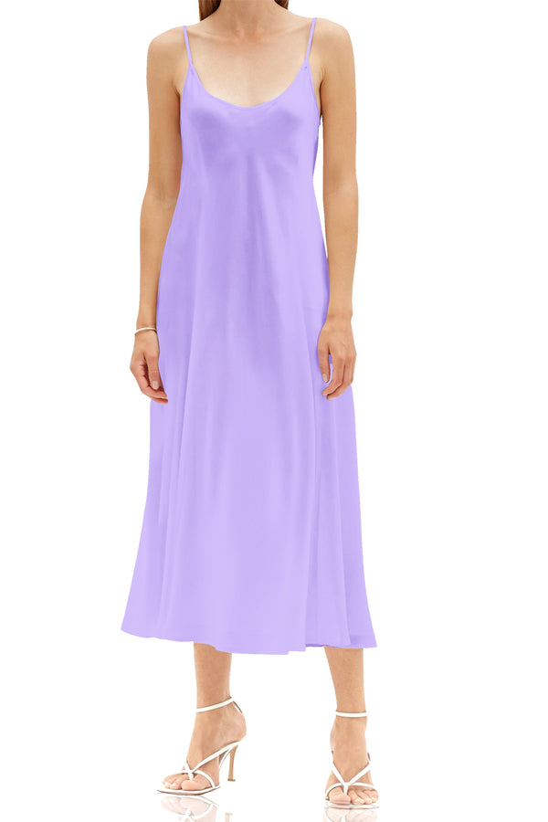 Solid Vegan Silk Midi Slip Dress in Digital Lavender Made with Cupro