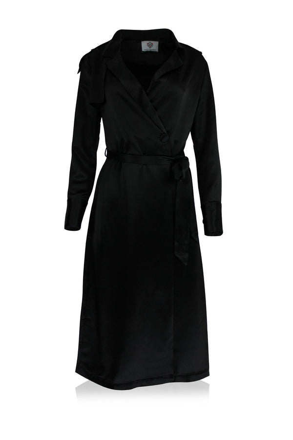 Belted Satin Trench Coat In Black