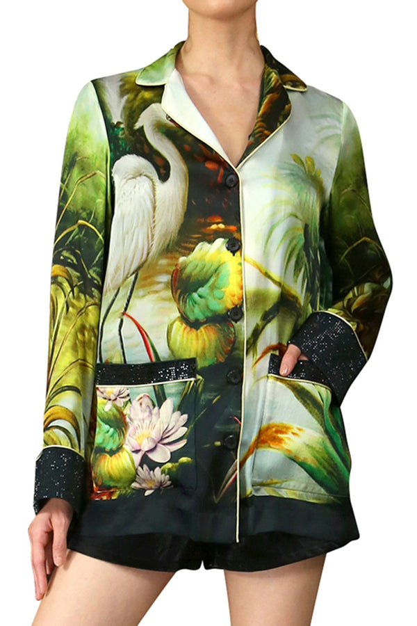 Mixed Print Silk Shirt Green