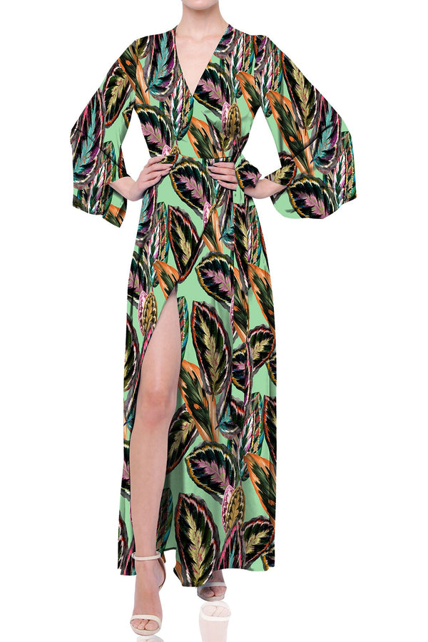 Leaf Print Sustainable Silk Wrap Dress in Green