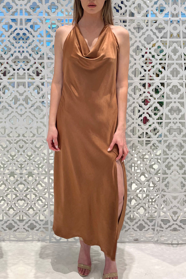 Silk  Midi Dress in Brown