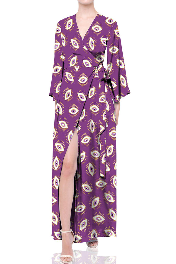 Eye Print Long Wrap Dress in Purple