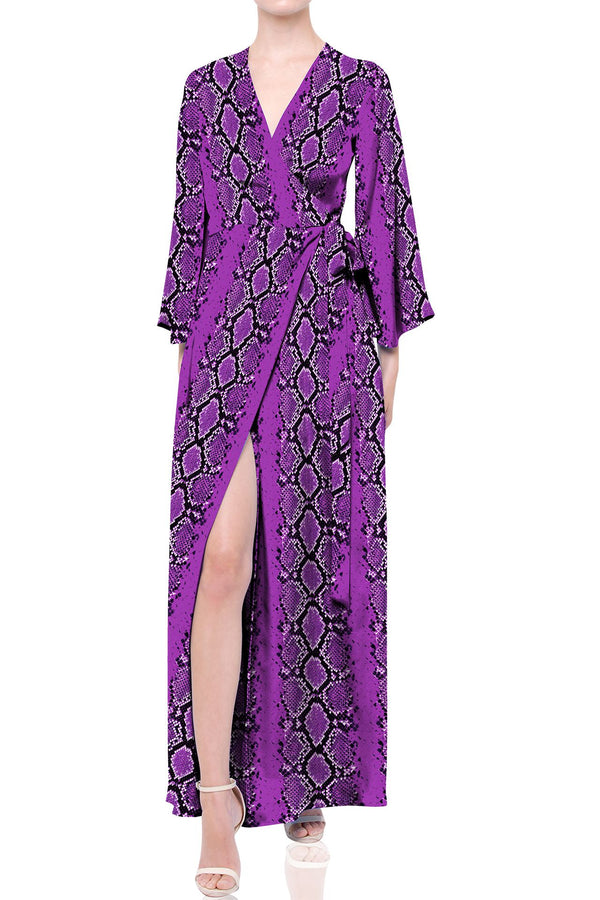 Snake Print Long Wrap Dress in Dahlia