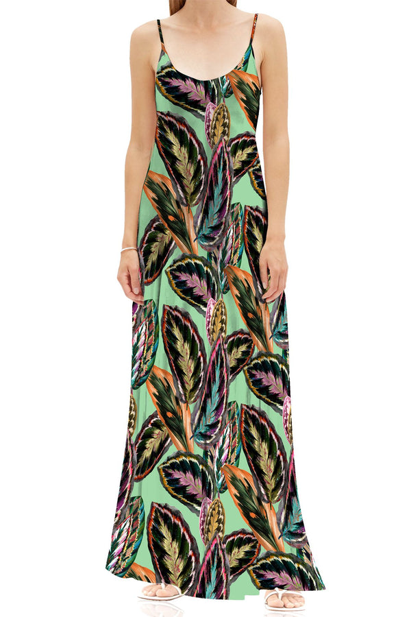 Leaf Print Vegan Silk Cami Slip Dress in Green