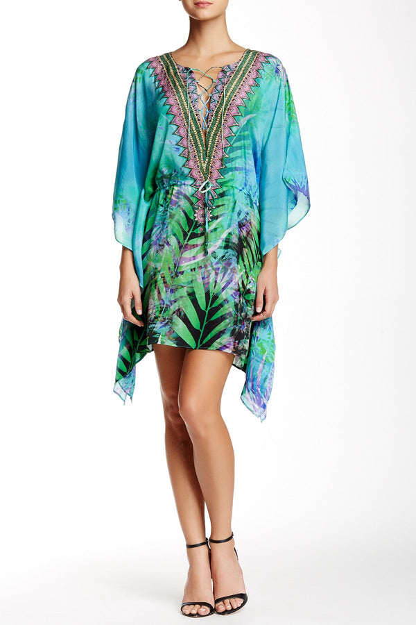 Aqua Green Palm Print Short Kaftan