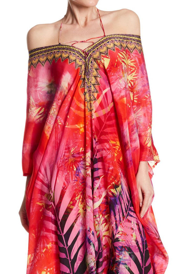 Designer Palm Print short Silk kaftan in red