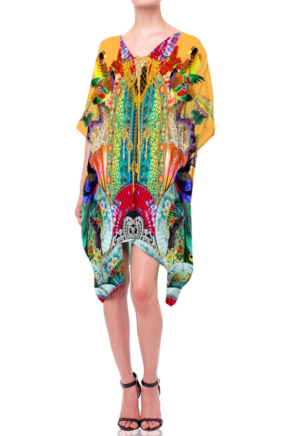 yellow short kaftan dress printed